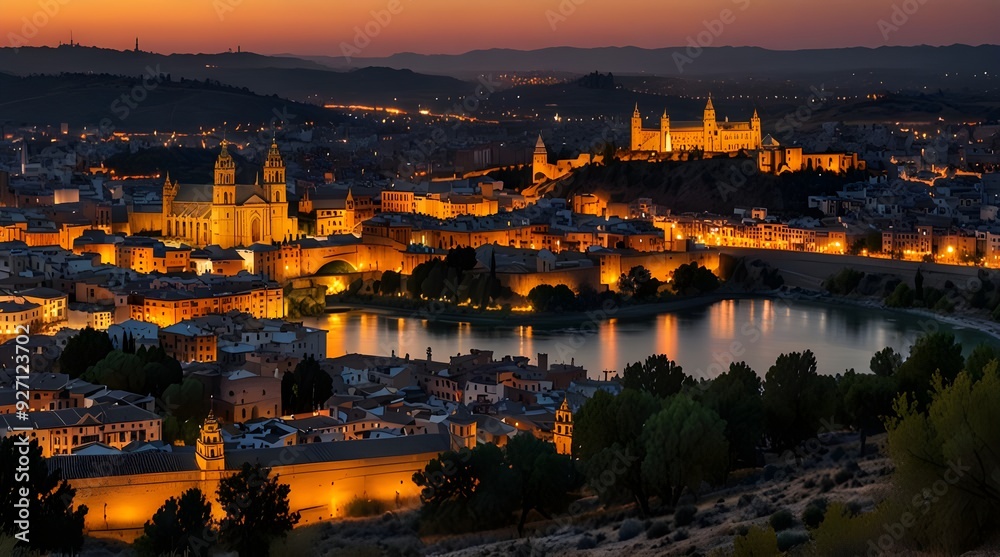 Obraz premium Panoramic view of Toledo Spain at sunset with blooming lights. generative.ai