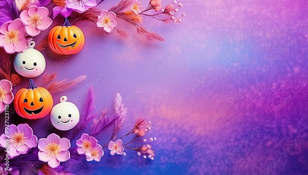 Cute Halloween pumpkin and plum Flower vine with smileys, 3D illustration with a blank space for text Cute Halloween pumpkin and plum Flower vine with smileys, 3D illustration with a blank space for text