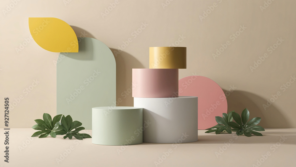 Minimalist 3D scene with light beige background, stacked podiums (white, green, golden), semi-circular shapes, green leaves, clean design, generative ai Minimalist 3D scene with light beige background, stacked podiums (white, green, golden), semi-circular shapes, green leaves, clean design, generative ai