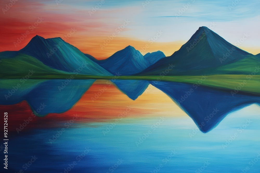 Tranquil sunset over majestic mountains reflecting on calm water Tranquil sunset over majestic mountains reflecting on calm water