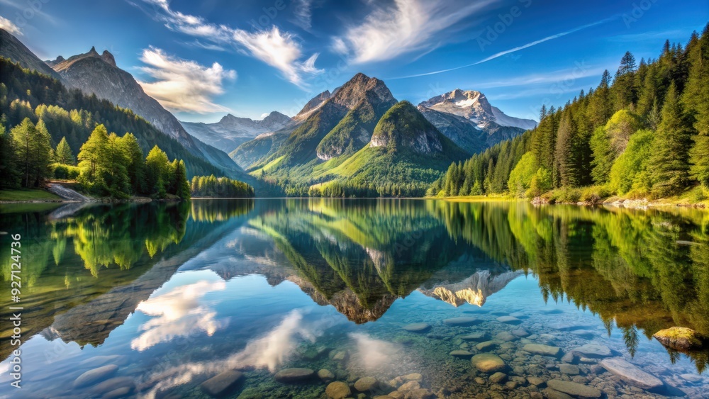 Fototapeta premium Beautiful mountain valley reflected on calm lake surface , scenic, landscape, nature, tranquil, serene, water, blue, sky