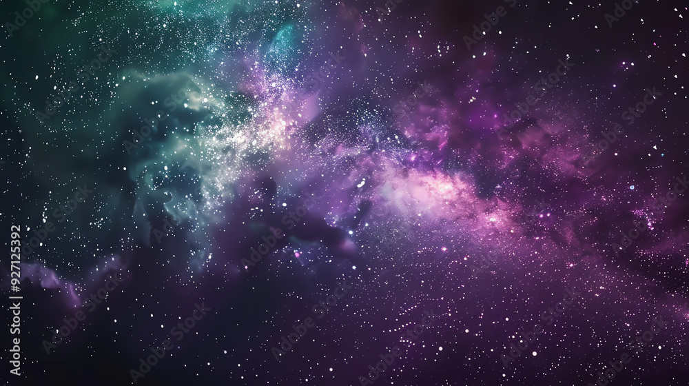 Obraz premium a picture of a nebula, with colors of purple, green, and white, and lots of little stars.