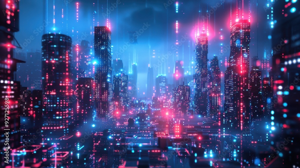 Obraz premium A digital illustration depicts a futuristic cityscape at night. The tall buildings are illuminated with rows of blue and red lights, creating a vibrant and captivating scene. The buildings are set aga