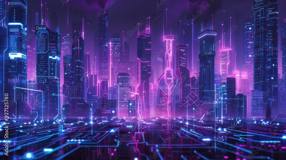A vibrant cityscape at night, illuminated with neon lights, creating a futuristic aesthetic. The buildings are sleek and modern, with intricate circuitry patterns visible on their surfaces. The ground