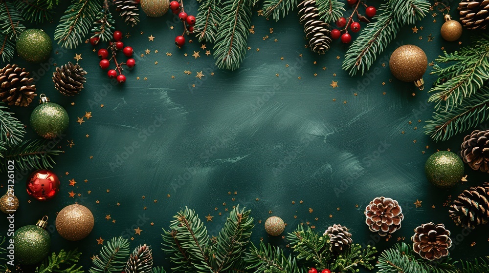 A Merry Christmas and Happy New Year greeting card design shows vintage xmas decorations on a green background in a flat lay top view. A Merry Christmas and Happy New Year greeting card design shows vintage xmas decorations on a green background in a flat lay top view.