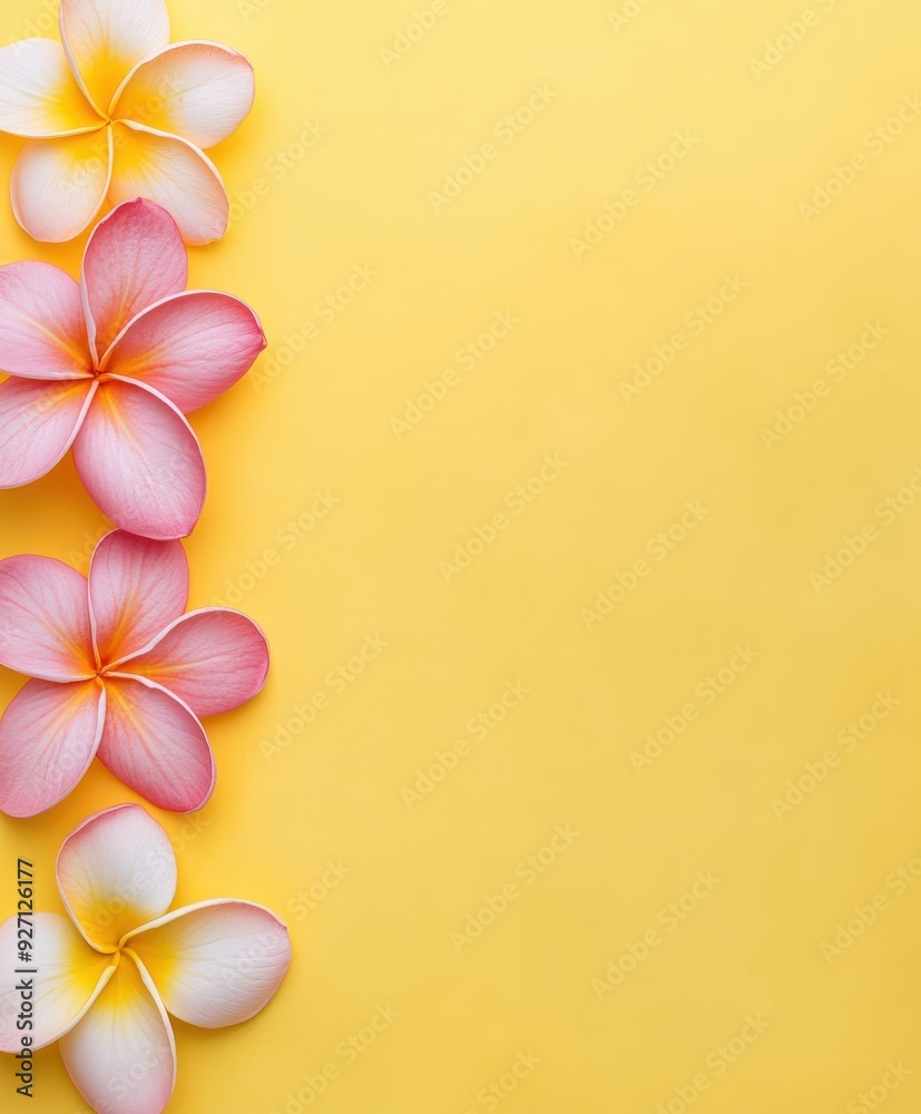 Obraz premium Pastel flowers arranged on a vibrant yellow background