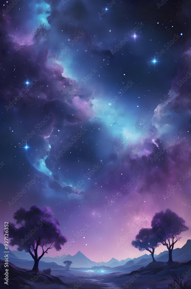 Fototapeta premium Mystical Celestial Wallpaper, Nebula, Dark Trees, and Distant Mountains