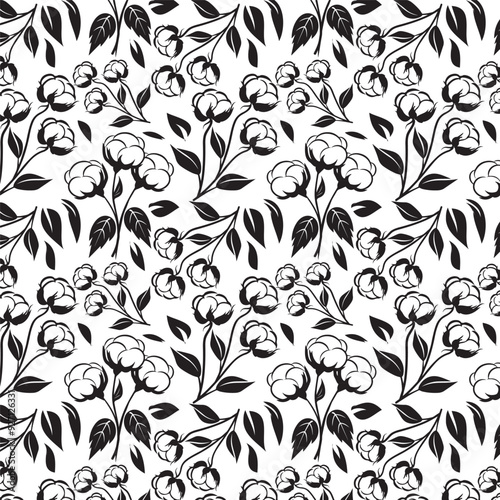 cotton daisy elegant beautiful flower and leaves seamless pattern floral in black and white background for textile print in fashion wallpaper vector high quality