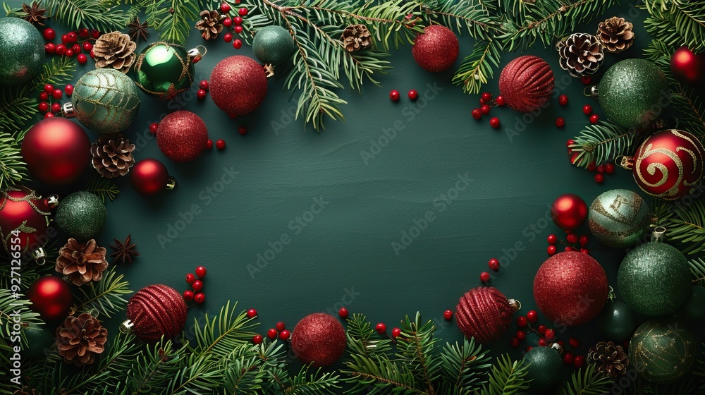 A green Christmas vertical background poster template is framed with xmas decorations, including red and green baubles. A green Christmas vertical background poster template is framed with xmas decorations, including red and green baubles.