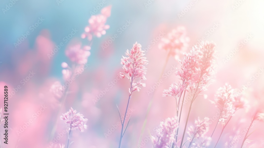 Obraz premium Pastel wildflowers blooming in a soft, dreamy background at sunset