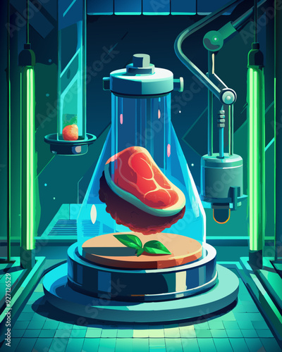 Futuristic Biotech Laboratory Cultivating Artificial Meat