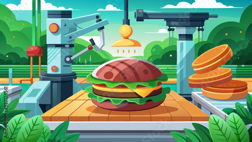Automated Burger Assembly Line in Futuristic Fast Food Kitchen