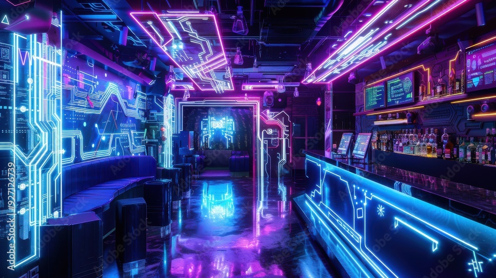 The image showcases a dimly lit, cyberpunk-style bar interior with neon lights illuminating the space. The bar is decked out with glowing circuit board patterns and screens displaying information. The The image showcases a dimly lit, cyberpunk-style bar interior with neon lights illuminating the space. The bar is decked out with glowing circuit board patterns and screens displaying information. The