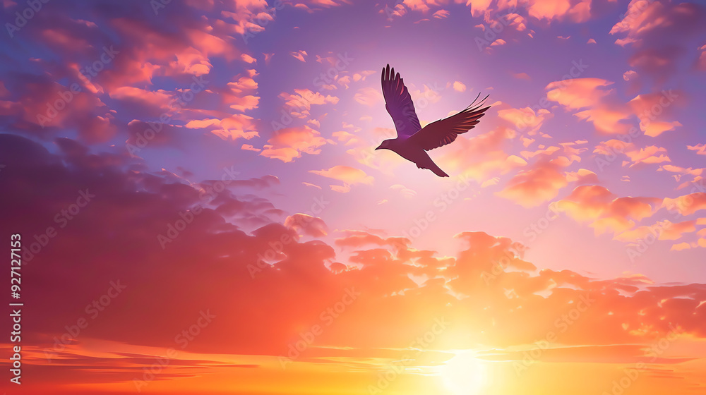 Fototapeta premium a picture of a bird flying against a sunset.