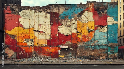 Artistic depiction of urban decay meeting renewal, with vibrant murals on old buildings symbolizing the cycle of urban life Aesthetic Urban Renewal, Artistic decay photo