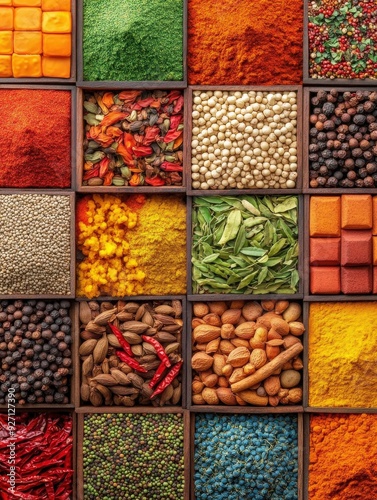 Colorful Indian spices arranged in wooden trays at a market