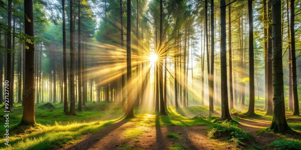 Sun rays shining through trees in a forest panorama, forest, trees, sunlight, nature, outdoor, greenery, landscape, scenic Sun rays shining through trees in a forest panorama, forest, trees, sunlight, nature, outdoor, greenery, landscape, scenic