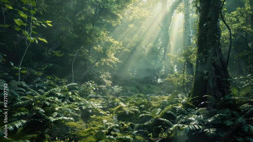Obraz premium Sunlight Filtering Through a Lush Forest