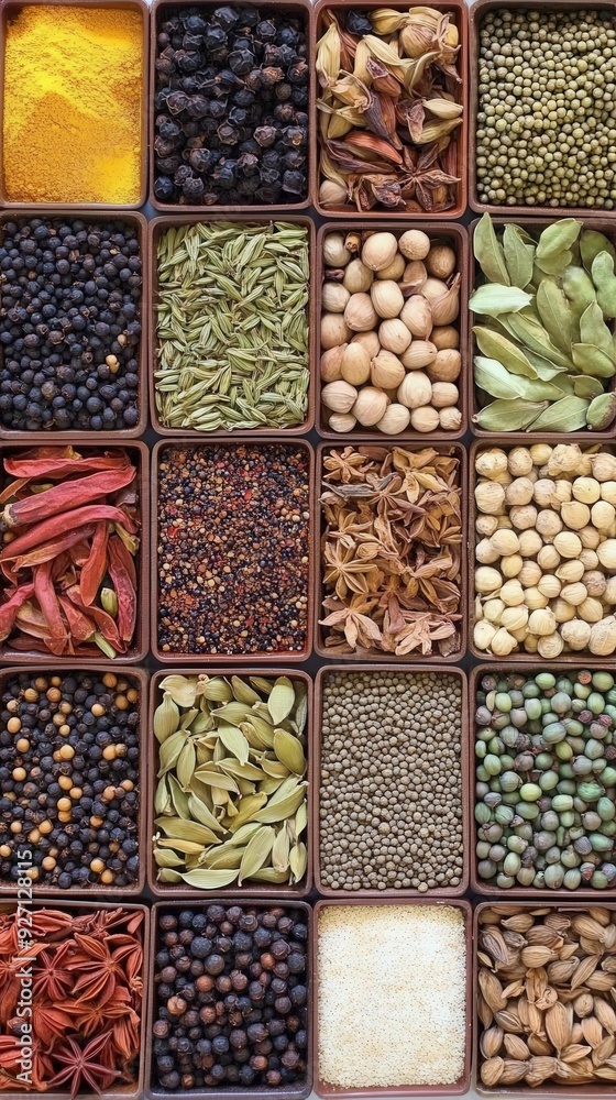 Collection of vibrant Indian spices displayed in wooden trays Collection of vibrant Indian spices displayed in wooden trays