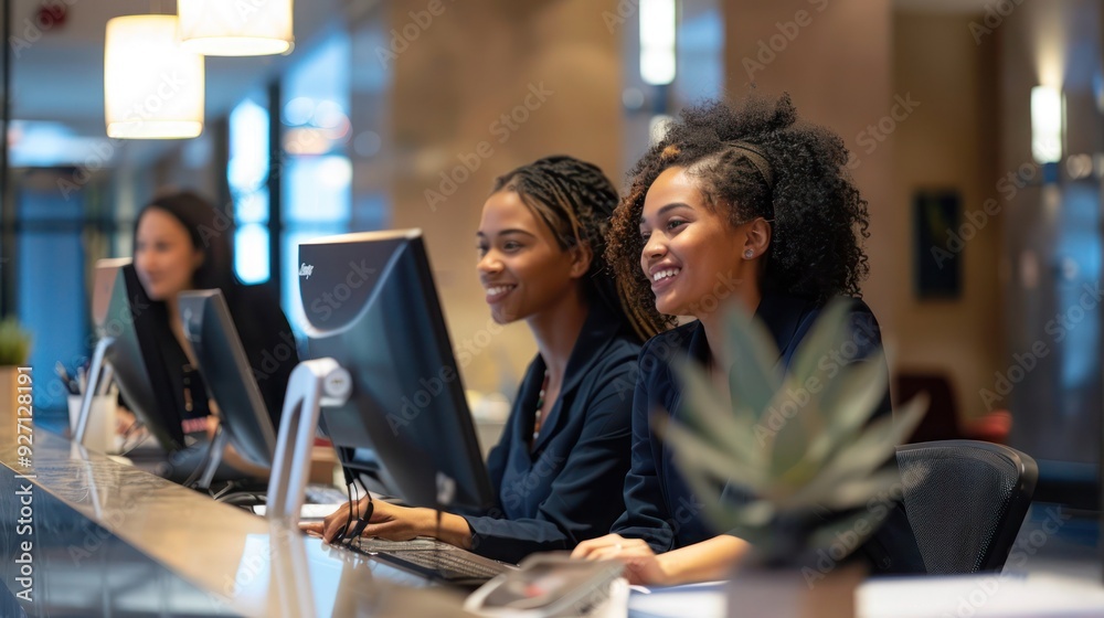 Two receptionists cooperating while working on computer at hotel front desk. Two receptionists cooperating while working on computer at hotel front desk.