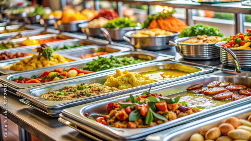 Close up of a variety of foods on plates in a buffet at a restaurant, buffet, food, plates, restaurant, table, dining Close up of a variety of foods on plates in a buffet at a restaurant, buffet, food, plates, restaurant, table, dining