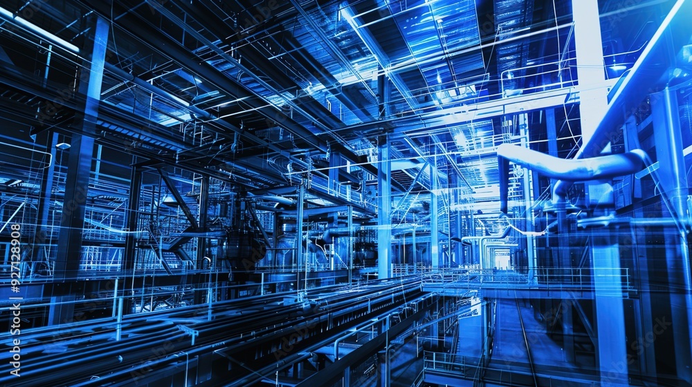 Fototapeta premium Neon-lit Futuristic Industrial Plant Showcasing Automation Technology Integration in Modern Business Operations