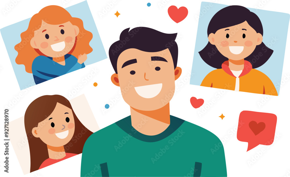 A smiling man is framed by joyful portraits of women, conveying warmth and affection in a vibrant design. A smiling man is framed by joyful portraits of women, conveying warmth and affection in a vibrant design.