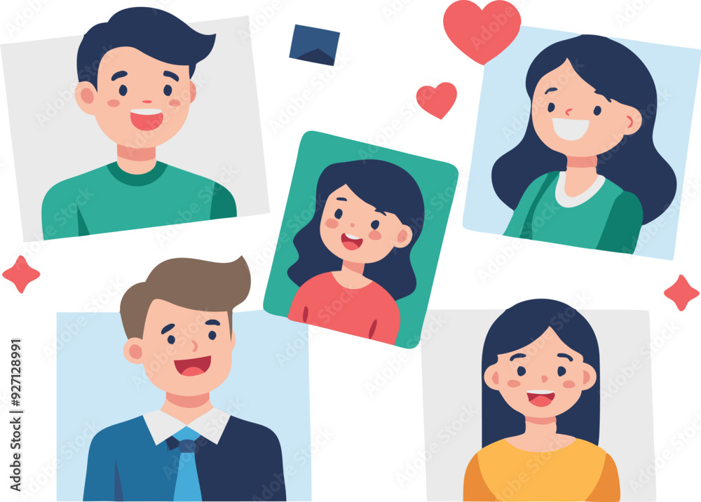 A cheerful group of five diverse characters with smiling faces and hearts around them, showcasing emotion and connection. A cheerful group of five diverse characters with smiling faces and hearts around them, showcasing emotion and connection.
