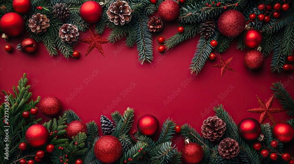 A Christmas flat lay composition shows fir tree branches, baubles, stars, and cones on a red background. A Christmas flat lay composition shows fir tree branches, baubles, stars, and cones on a red background.