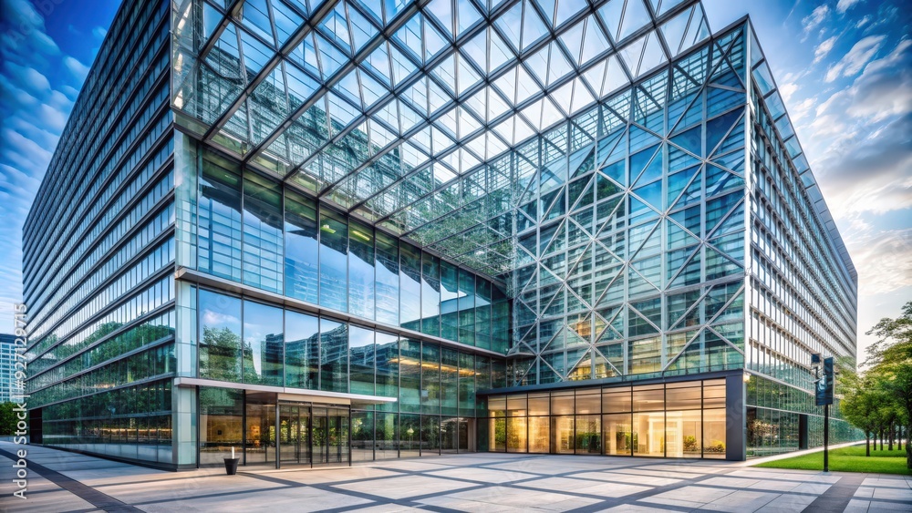 Modern building with glass facade and steel pattern, showcasing intricate architecture details , modern Modern building with glass facade and steel pattern, showcasing intricate architecture details , modern
