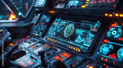 A futuristic spaceship cockpit with a sleek, dark interior. The central focus is a large digital screen displaying various data points and navigation information, surrounded by other smaller screens a