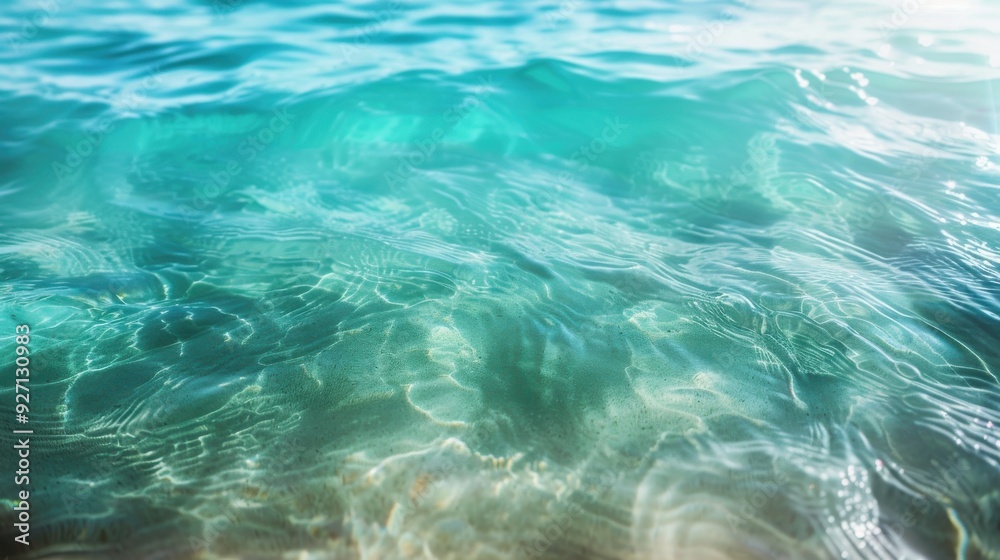 The image shows a close-up view of crystal-clear, turquoise water rippling gently over a sandy seabed. The sun shines through the surface, creating shimmering patterns of light and shadow. The image shows a close-up view of crystal-clear, turquoise water rippling gently over a sandy seabed. The sun shines through the surface, creating shimmering patterns of light and shadow.