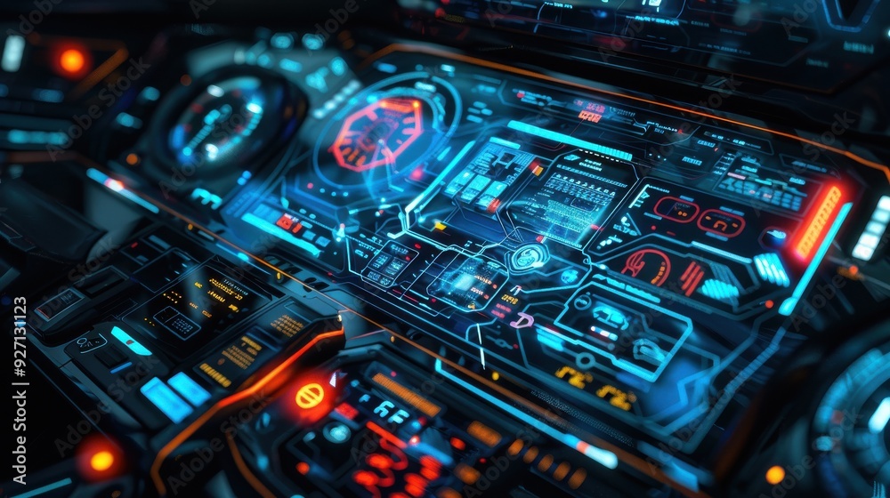 A close-up shot of a futuristic spaceship cockpit's dashboard, displaying various digital interfaces and readouts in blue and red. A close-up shot of a futuristic spaceship cockpit's dashboard, displaying various digital interfaces and readouts in blue and red.