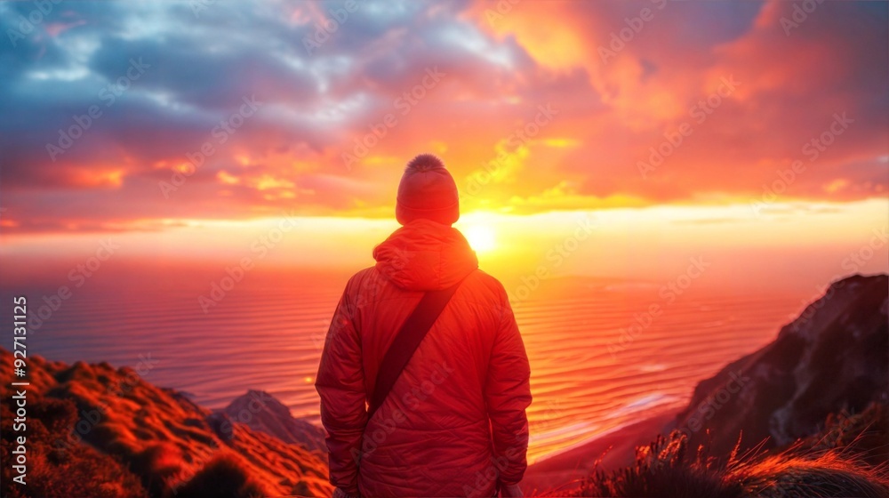 A lone person stands on a cliff, looking out at the ocean as the sun sets behind them A lone person stands on a cliff, looking out at the ocean as the sun sets behind them
