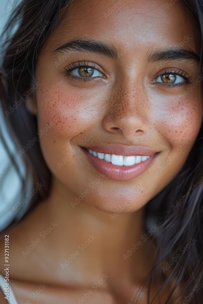Beautiful young woman, closeup smile, clean teeth, Asian Indian model, white background, vibrant and engaging, ideal for dental ad, Generative AI Beautiful young woman, closeup smile, clean teeth, Asian Indian model, white background, vibrant and engaging, ideal for dental ad, Generative AI