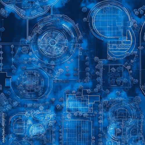 Blueprint of a city s stormwater management system, illustrating the patterned assembly of drains and retention ponds Infrastructure Pattern Assembly, Stormwater management photo