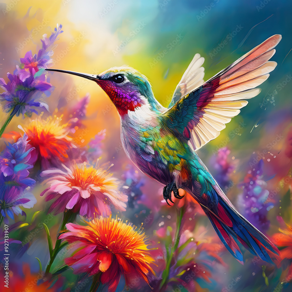 colorful hummingbird with flowers colorful hummingbird with flowers