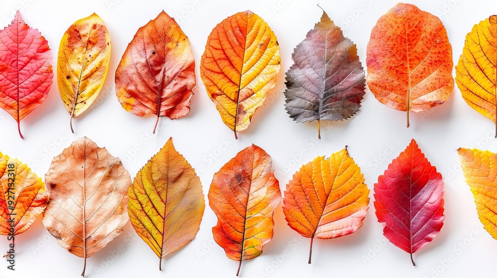 A pattern of colorful autumn fall leaves is isolated on a white background. A pattern of colorful autumn fall leaves is isolated on a white background.