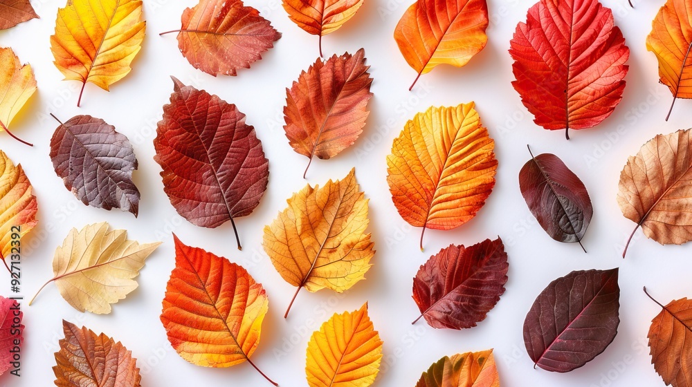 A pattern of colorful autumn fall leaves is isolated on a white background. A pattern of colorful autumn fall leaves is isolated on a white background.