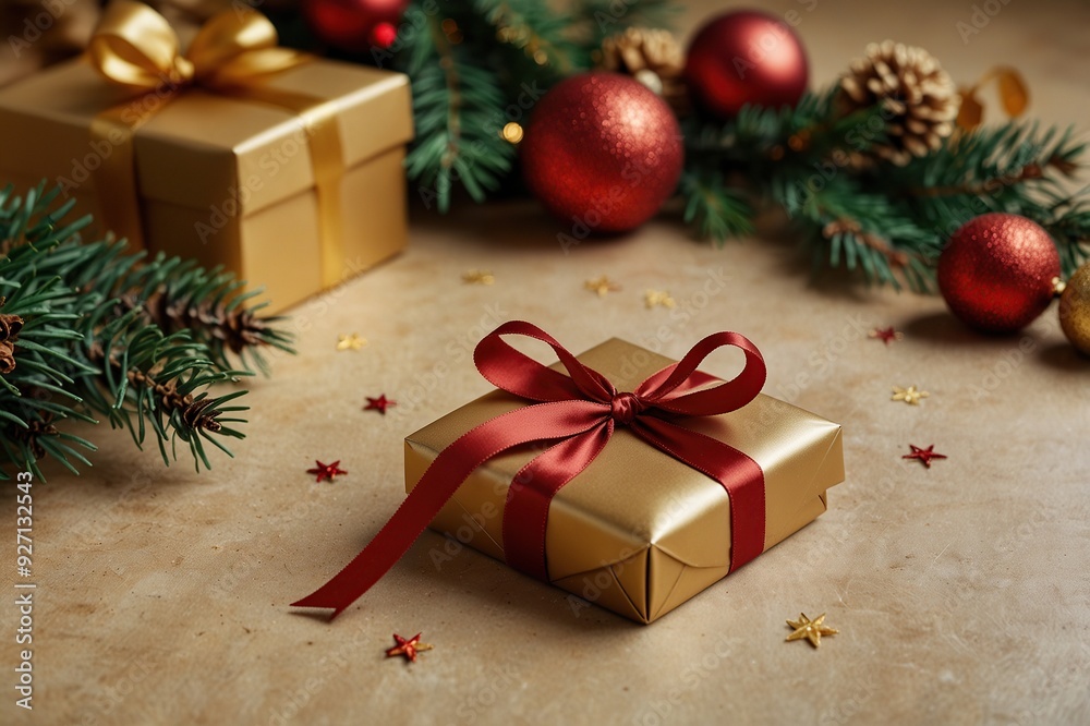 Christmas decoration composition on light gold background with beautiful Golden gift box with red ribbon, fir branches, cones, stars, Christmas cookies,cinnamon, top view, copy space Christmas decoration composition on light gold background with beautiful Golden gift box with red ribbon, fir branches, cones, stars, Christmas cookies,cinnamon, top view, copy space