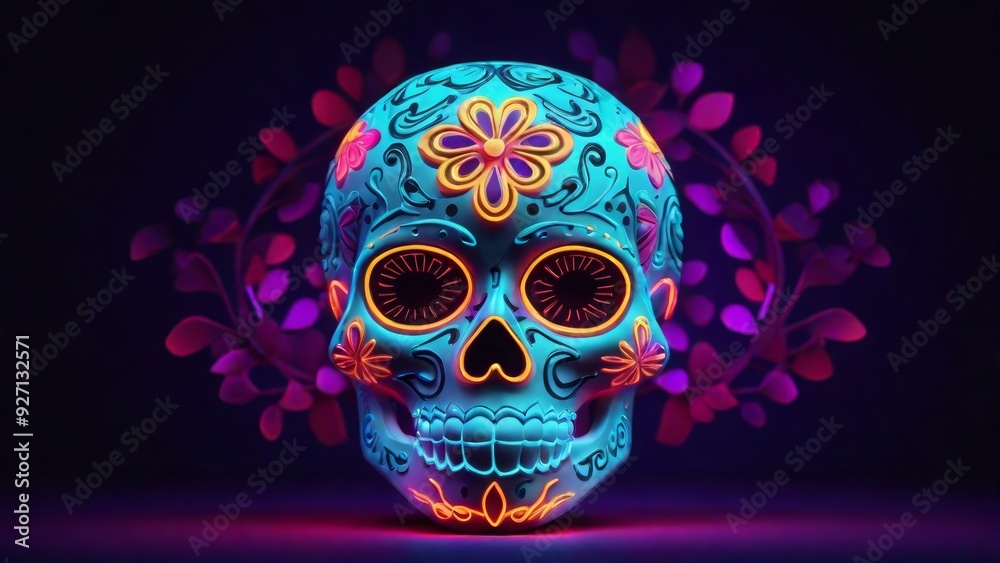 sugar skull in neon light for Day of the Dead celebrations, created with Generative AI Technology sugar skull in neon light for Day of the Dead celebrations, created with Generative AI Technology