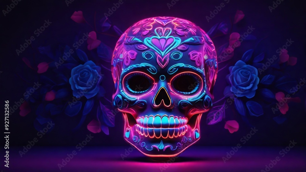sugar skull in neon light for Day of the Dead celebrations, created with Generative AI Technology sugar skull in neon light for Day of the Dead celebrations, created with Generative AI Technology