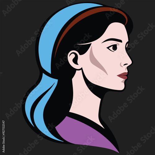 Bright Young beautiful woman with long hair. Beautiful, young woman,silhouette side view. Head and shoulders. Close-up female portrait in modern vector style. Illustration for banner, cover, poster.