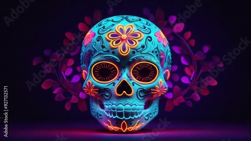 sugar skull in neon light for Day of the Dead celebrations, created with Generative AI Technology