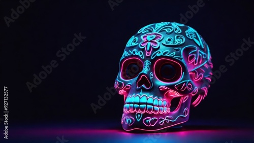 sugar skull in neon light for Day of the Dead celebrations, created with Generative AI Technology