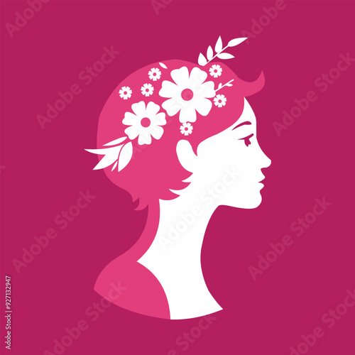 Illustration of a woman one side face silhouette Vector art ,girl with flower