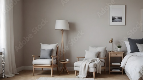 Interior room with two arm chairs and a photo frame on the wall, empty photo frames on wall interior template.