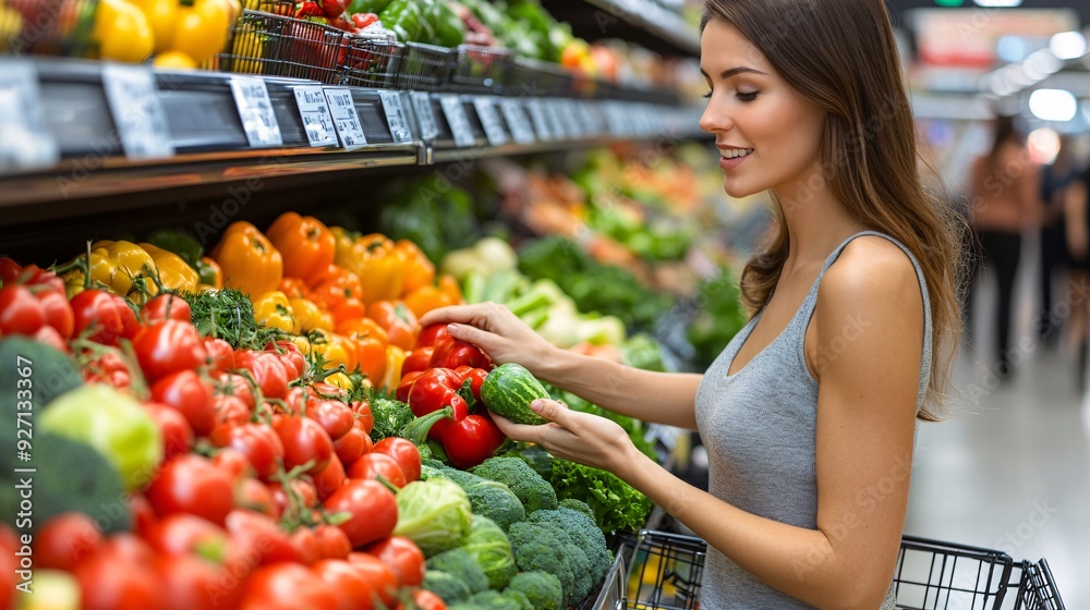 A woman shopping for groceries at a supermarket carefully selecting fresh vegetables from the produce section She examines each item before placing it in her cart Stock Photo with copy space A woman shopping for groceries at a supermarket carefully selecting fresh vegetables from the produce section She examines each item before placing it in her cart Stock Photo with copy space