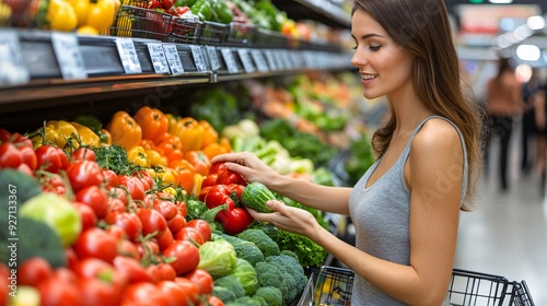 A woman shopping for groceries at a supermarket carefully selecting fresh vegetables from the produce section She examines each item before placing it in her cart Stock Photo with copy space