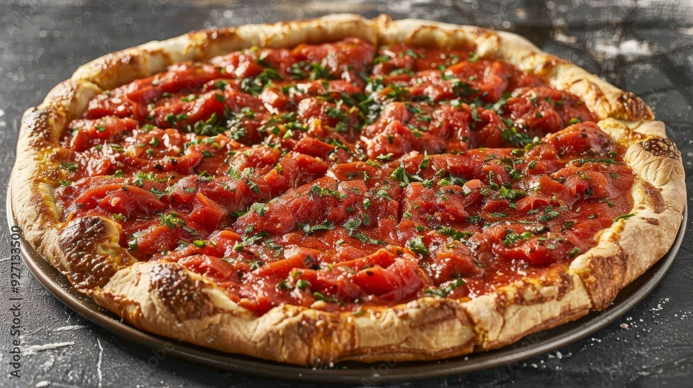 Close-up of a deep dish pizza with tomato sauce, fresh herbs, and a crispy crust.